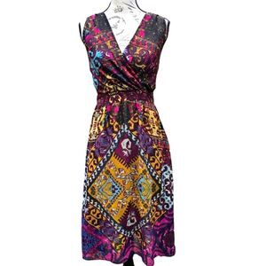 Addie Multicolor Vibrant Open Back Lace Up V-Neck Sleeveless‎ Midi Dress Size S